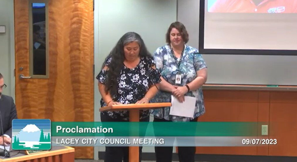 Thurston County Elections Manager Tillie Naputi-Pullar and Lacey & Hawks Prairie Timberland Libraries Manager Holly Paxson joined the Lacey City Council meeting on September 7, 2023 for the proclamation of National Voter Registration Day.